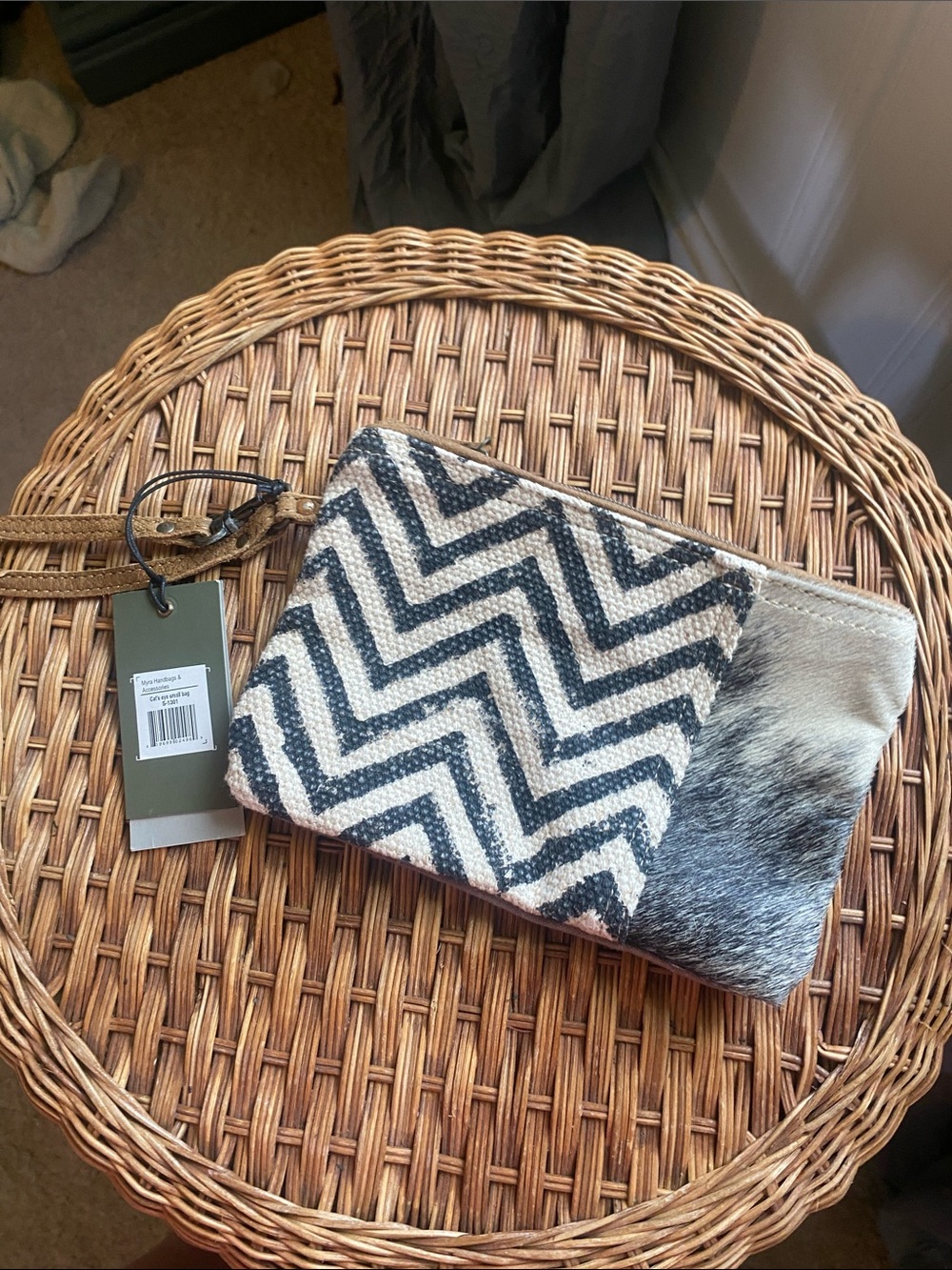 Textured Chevron & Fur Accent Clutch - Black and Cream